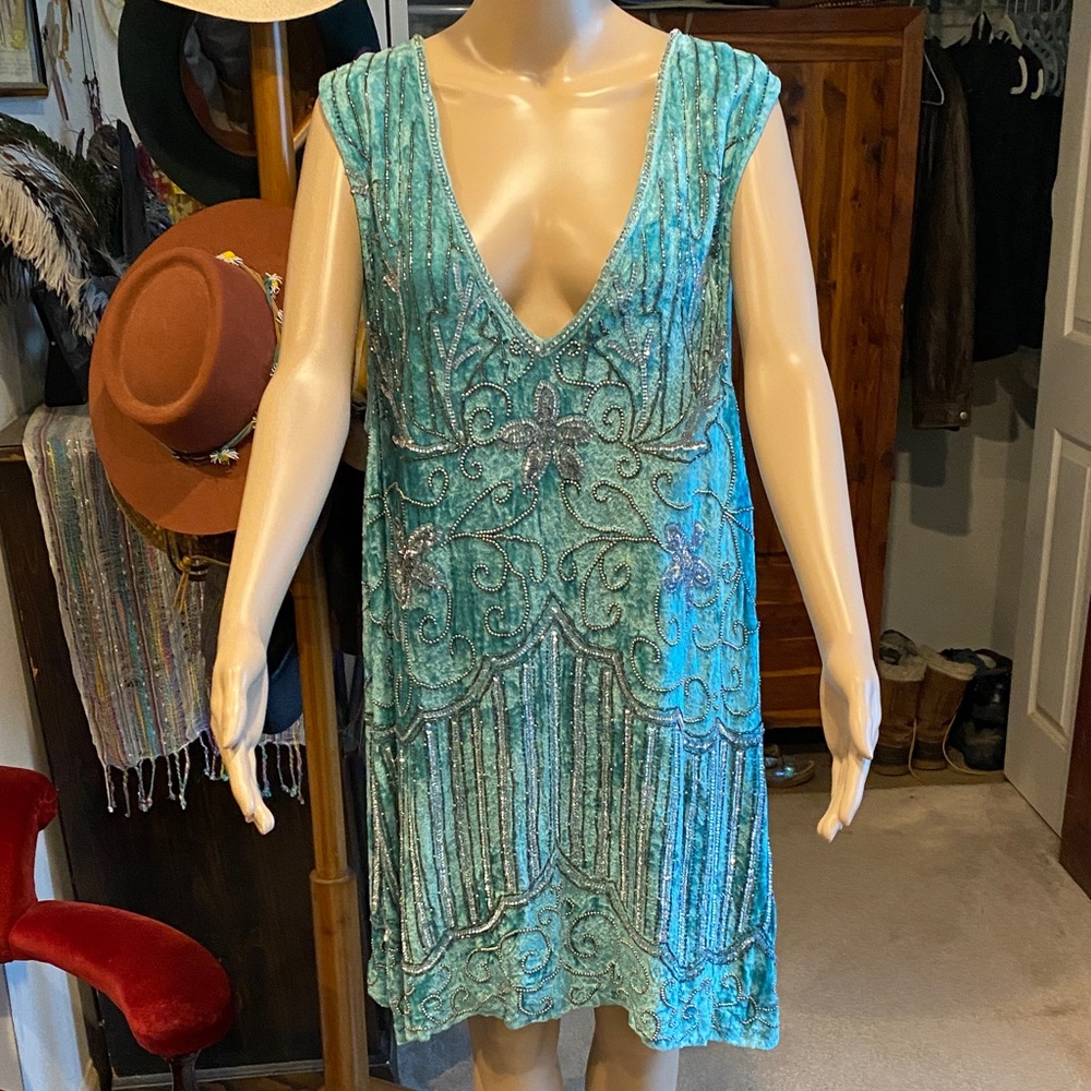 TRADE ONLY FOR MEDIUM Spell Beaded Teal Blue Sleeveless V-Neck Dress